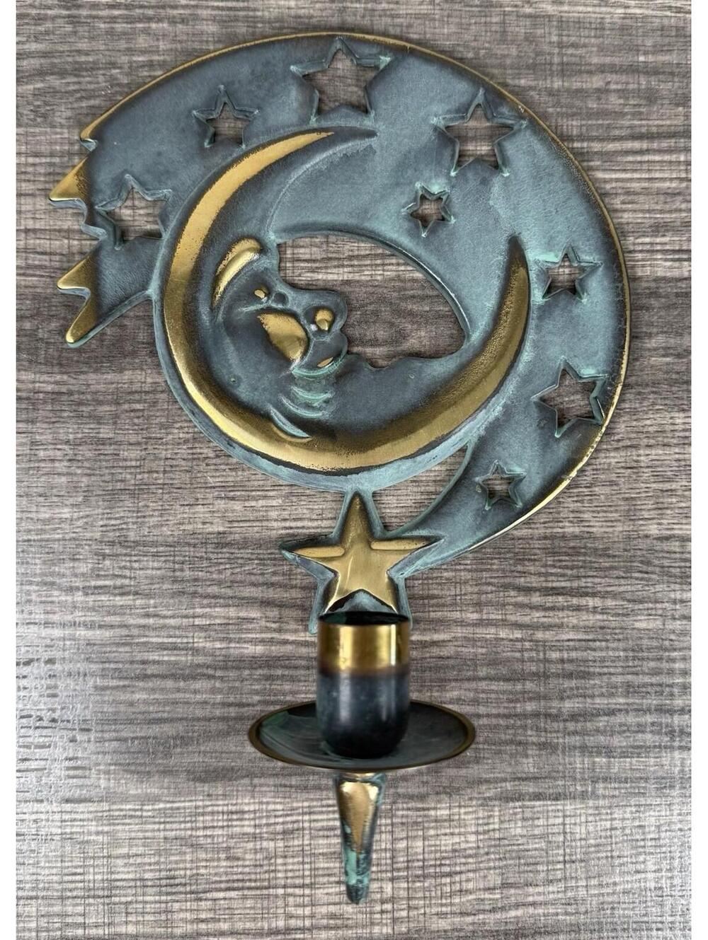 Vtg Green Patina Celestial Moon Stars Wall Sconce Candle Holder 90s Party Lite